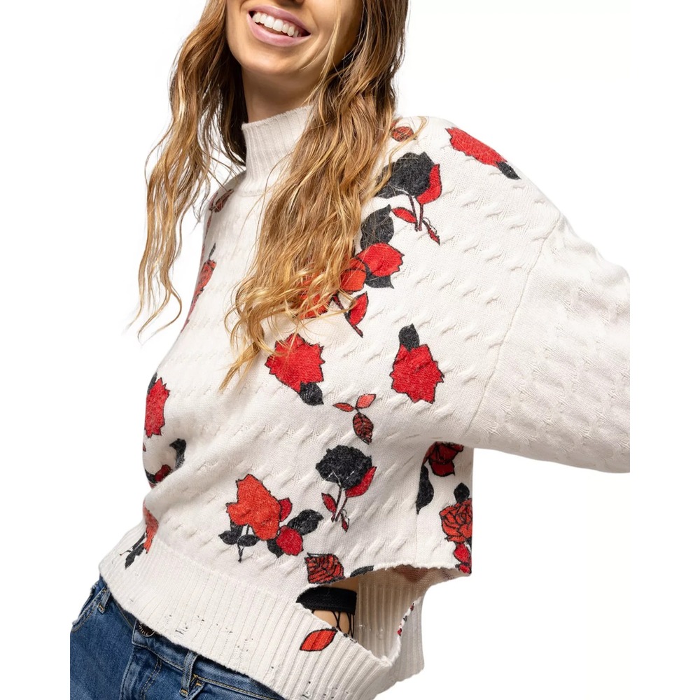 PINKO  Distressed Rose Print Sweater Jumper ‎ Wool Knit Crop Funnel Neck Small